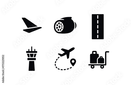 flat black solid icon items isolated on white background: plane wing jet engine runway line control tower flight path luggage cart