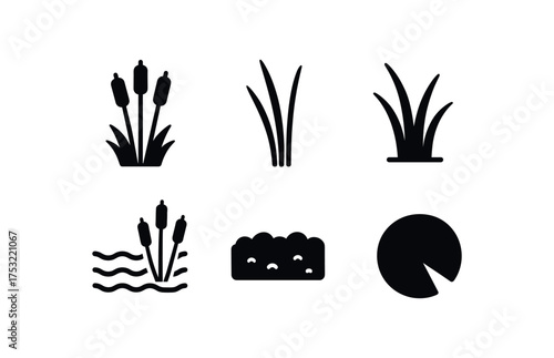 flat black solid icon items isolated on white background reed tuft marsh grass green stalk water edge soil bed frog pad