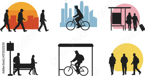 Urban commuters walking, cycling, and waiting at bus stops in modern city environment during sunrise and sunset — transportation lifestyle illustration