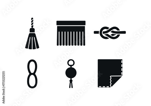 flat black solid icon items isolated on white background tassel cord silk fringe knot tie curtain loop bag charm fabric edge