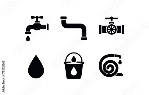 flat black solid icon items isolated on white background spigot nozzle water pipe valve wheel flow drop bucket fill garden hose