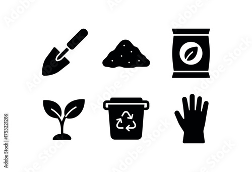 flat black solid icon items isolated on white background: garden trowel soil pile seed bag sprout leaf compost bin garden glove