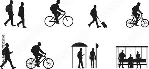 Urban people walking, cycling, and waiting at bus stop — modern city commuting lifestyle vector illustration showing daily transportation habits