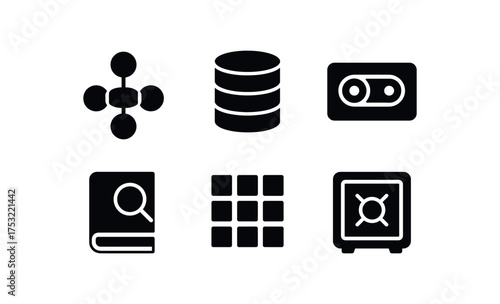 flat black solid icon items isolated on white background: data cluster db column backup tape query book db grid archive vault
