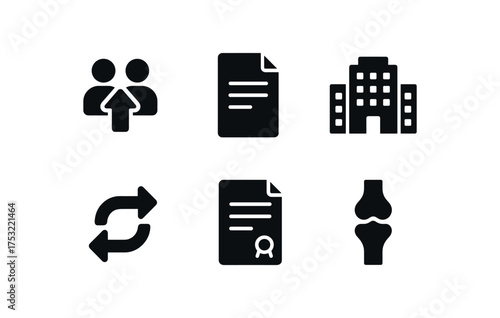 flat black solid icon items isolated on white background: corporate merger document sheet building icons arrow flow contract page joint