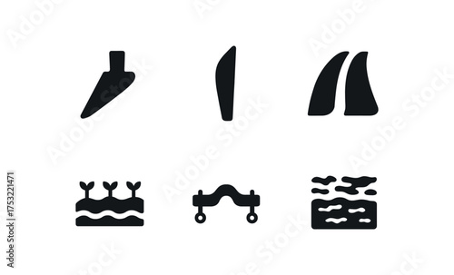 flat black solid icon items isolated on white background plough tip iron blade soil furrow crop row ox yoke muddy field