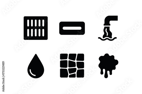 flat black solid icon items isolated on white background drain grate metal slot sewage flow water drip stone floor rust stain