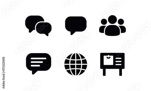 flat black solid icon items isolated on white background: forum speech bubble people icons chat lines globe post board