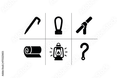 flat black solid icon items isolated on white background metal peg canvas loop pole joint camp mat lantern glow tool hook