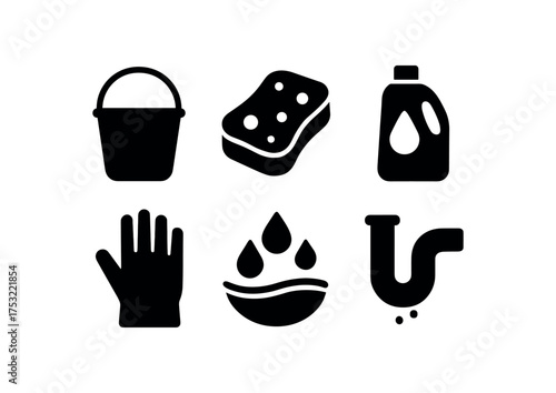 flat black solid icon items isolated on white background: bucket handle scrub sponge detergent bottle cleaning glove rinse water drain pipe