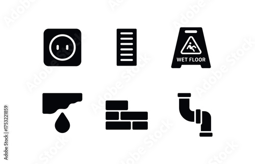 flat black solid icon items isolated on white background outlet grate channel drain wet floor leak mark stone edge pipe joint