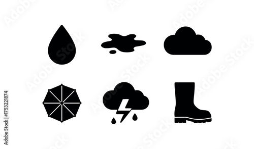 flat black solid icon items isolated on white background: rain drop puddle splash cloudy sky umbrella top cloud wet boot