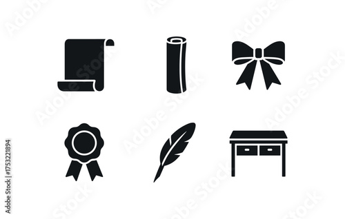 flat black solid icon items isolated on white background scroll curl rolled paper ribbon tie wax seal ink quill archive desk