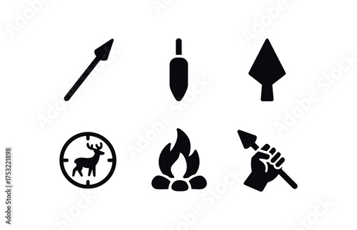 flat black solid icon items isolated on white background shaft pole spear butt steel head hunting ground campfire ring warrior hand