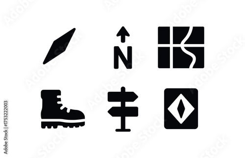 flat black solid icon items isolated on white background: compass needle north arrow map grid hiking boot trail sign orientation card