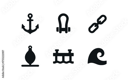 flat black solid icon items isolated on white background hooked anchor steel shank heavy chain buoy float harbor pier tide wave