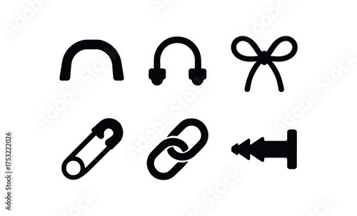 flat black solid icon items isolated on white background handle loop basket ear cord tie buckle pin chain peg