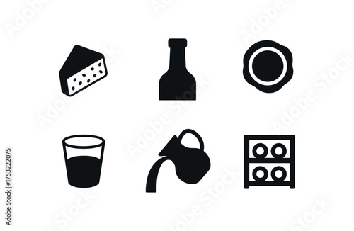 flat black solid icon items isolated on white background cork wedge bottle neck seal ring glass mouth jug pour cellar rack