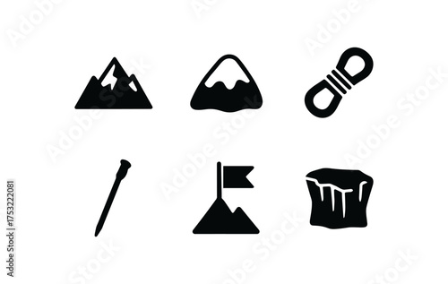 flat black solid icon items isolated on white background: mountain peak snow cap climbing rope hiking stick summit flag glacier ridge