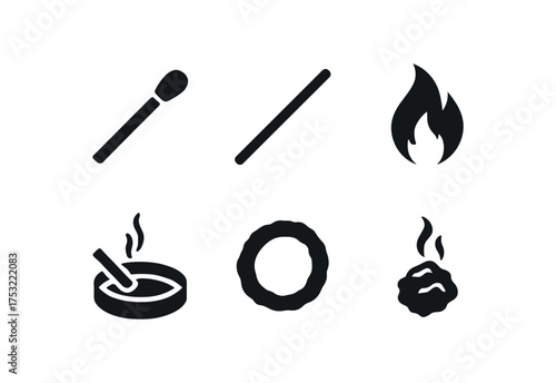 flat black solid icon items isolated on white background tip wooden stick fire glow ash tray burnt mark ember wisp