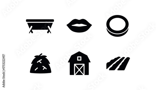 flat black solid icon items isolated on white background trough lip feeding trough rim edge hay stack barn soil row