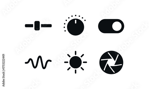 flat black solid icon items isolated on white background: slider bar volume knob toggle switch equalizer line brightness sun adjust dial