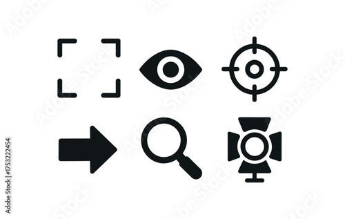 flat black solid icon items isolated on white background: focus eye icon circle arrow point lens spotlight