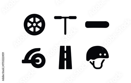 flat black solid icon items isolated on white background: scooter wheel handle bar foot deck rear brake road lane ride helmet