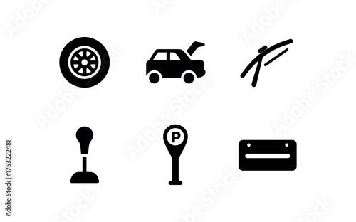 flat black solid icon items isolated on white background: tire open trunk windshield wiper gear stick parking meter license plate