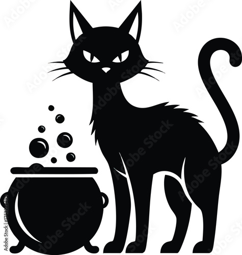 Black Cat and Bubbling Cauldron Halloween Illustration.