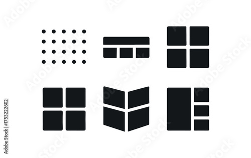flat black solid icon items isolated on white background: dotted grid table row matrix box icon tile grid map layout