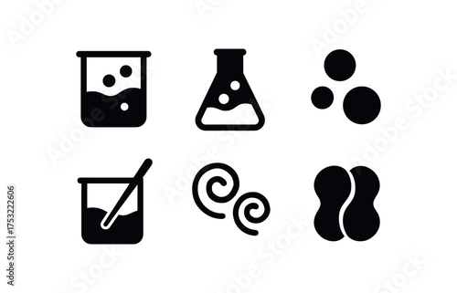 flat black solid icon items isolated on white background: chemical mixture beaker flask bubble rise stir swirls blend icon