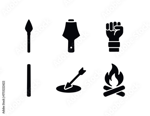 flat black solid icon items isolated on white background spear point steel head warrior grip pole shaft hunting ground campfire ring