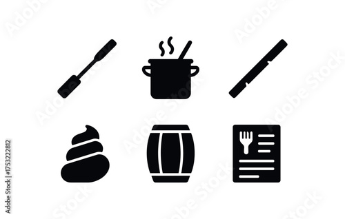flat black solid icon items isolated on white background stir paddle brew pot wooden shaft foam swirl barrel keg recipe card