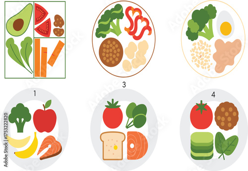 Healthy Eating Plates and Balanced Diet Food Icons Set.