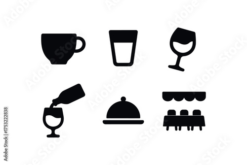 flat black solid icon items isolated on white background cup lip glass rim drink pour wine swirl silver tray banquet hall