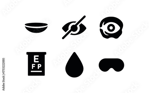 flat black solid icon items isolated on white background: contact lens eye patch eye socket test tear drop eye mask