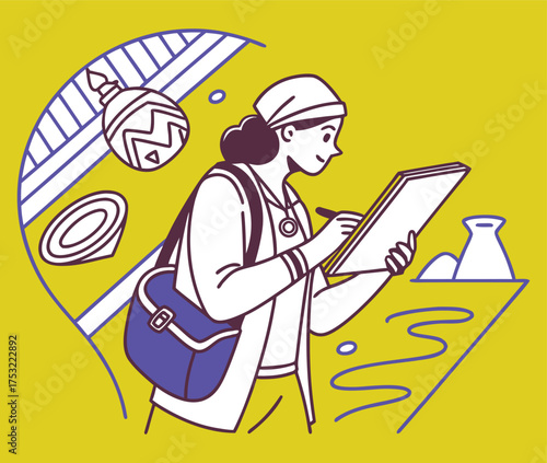 Female Archeologist or Historian Studying Ancient Artifacts