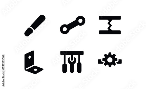 flat black solid icon items isolated on white background joint pin weld seam bracket plate tool rack gear shaft
