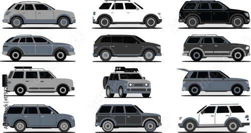 Array of Nine Stylized SUVs in Various Colors Gray, White, and Black Car Illustrations
