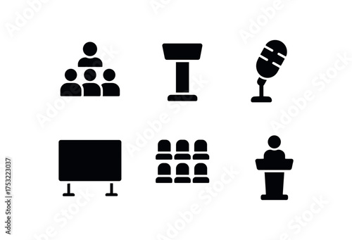 flat black solid icon items isolated on white background: conference podium stand mic icon big screen rows of chairs speaker figure