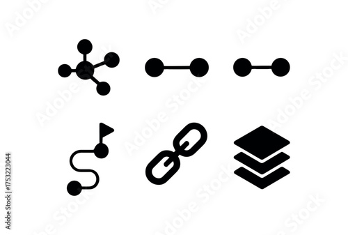flat black solid icon items isolated on white background: neural node network edge connection line learning path layer grid