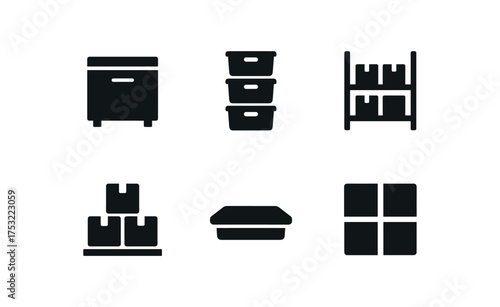 flat black solid icon items isolated on white background: storage stacked bins shelf rack box pile container lid grid lines