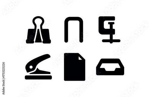 flat black solid icon items isolated on white background metal clip staple leg clamp jaw punch hole sheet edge office tray