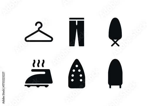 flat black solid icon items isolated on white background: shirt hanger dress pant ironing pad heat plate iron rest fabric cover