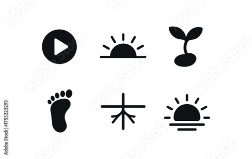 flat black solid icon items isolated on white background: beginning sunrise arc seed sprout first step root line dawn glow