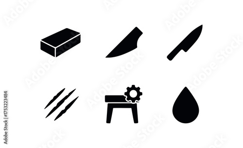 flat black solid icon items isolated on white background whetstone sharp edge knife blade grind mark tool bench water drip