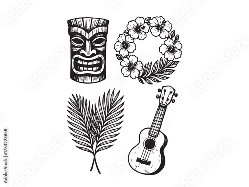 Set of Hand Drawn Hawaiian Tropical and Polynesian Elements  Ukulele Tiki Mask Hibiscus Flower Wreath and Palm Leaves Sketch Collection