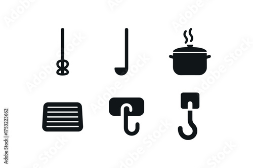 flat black solid icon items isolated on white background mixing paddle long handle soup pot broth steam table mat kitchen hook