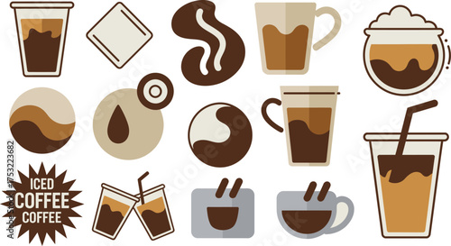 Assorted Coffee Icons Iced Coffee Cups, Mugs, Beans, and More Graphics Design